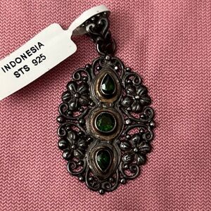 Ornate .925 Silver Pendant with Green Stones